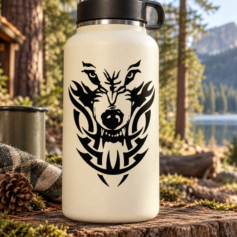 White water bottle with black wolf head decal and carry handle