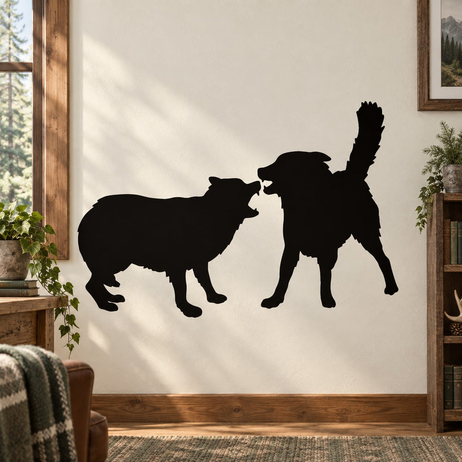 Black wolves and hunter fighting wall decal, bold silhouette
