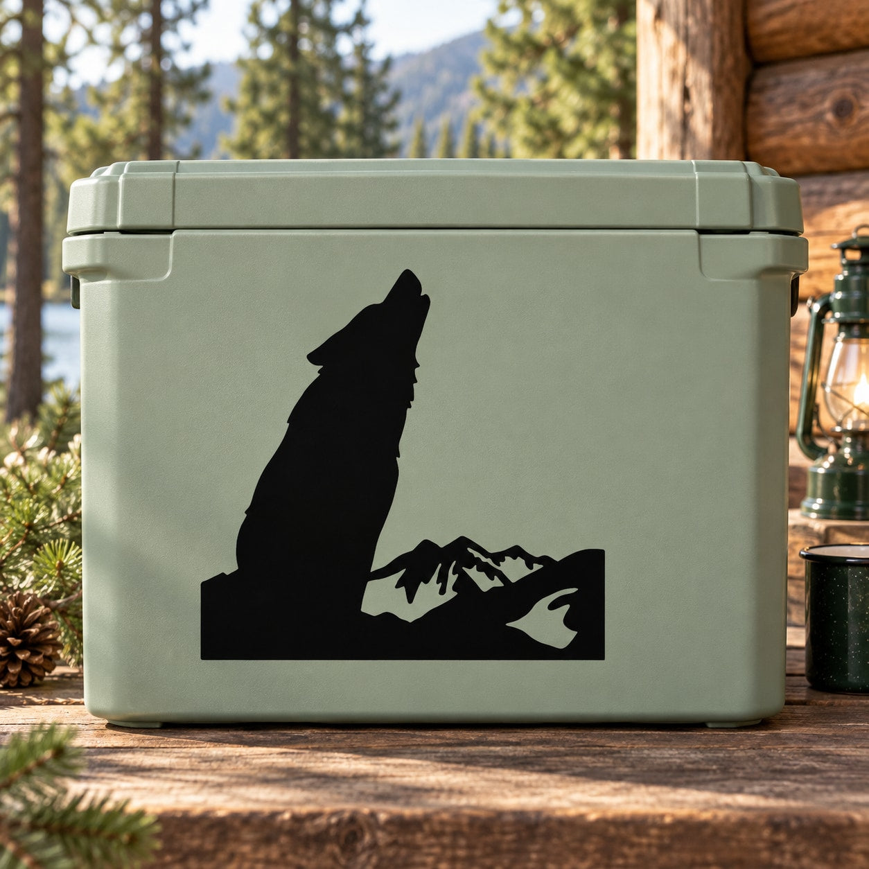 Wolf howling over mountains decal, black silhouette
