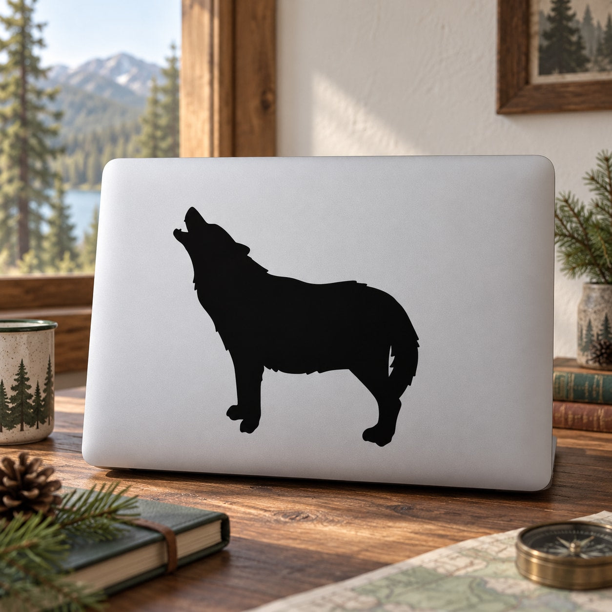 Standing wolf howling decal silhouette, dark black