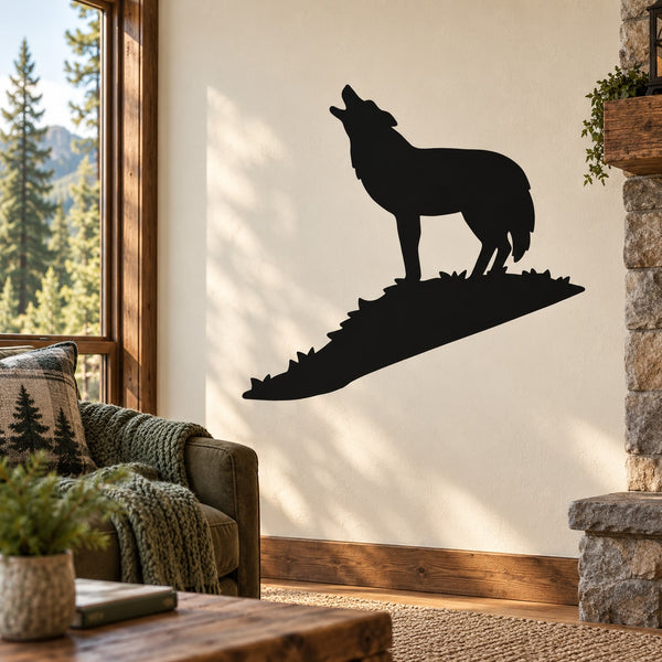Black wolf on hill wall decal, howling silhouette on rocky mound