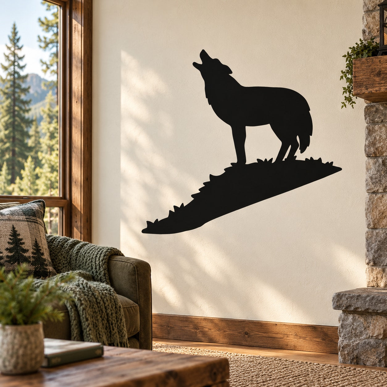 Black wolf on hill wall decal, howling silhouette on rocky mound