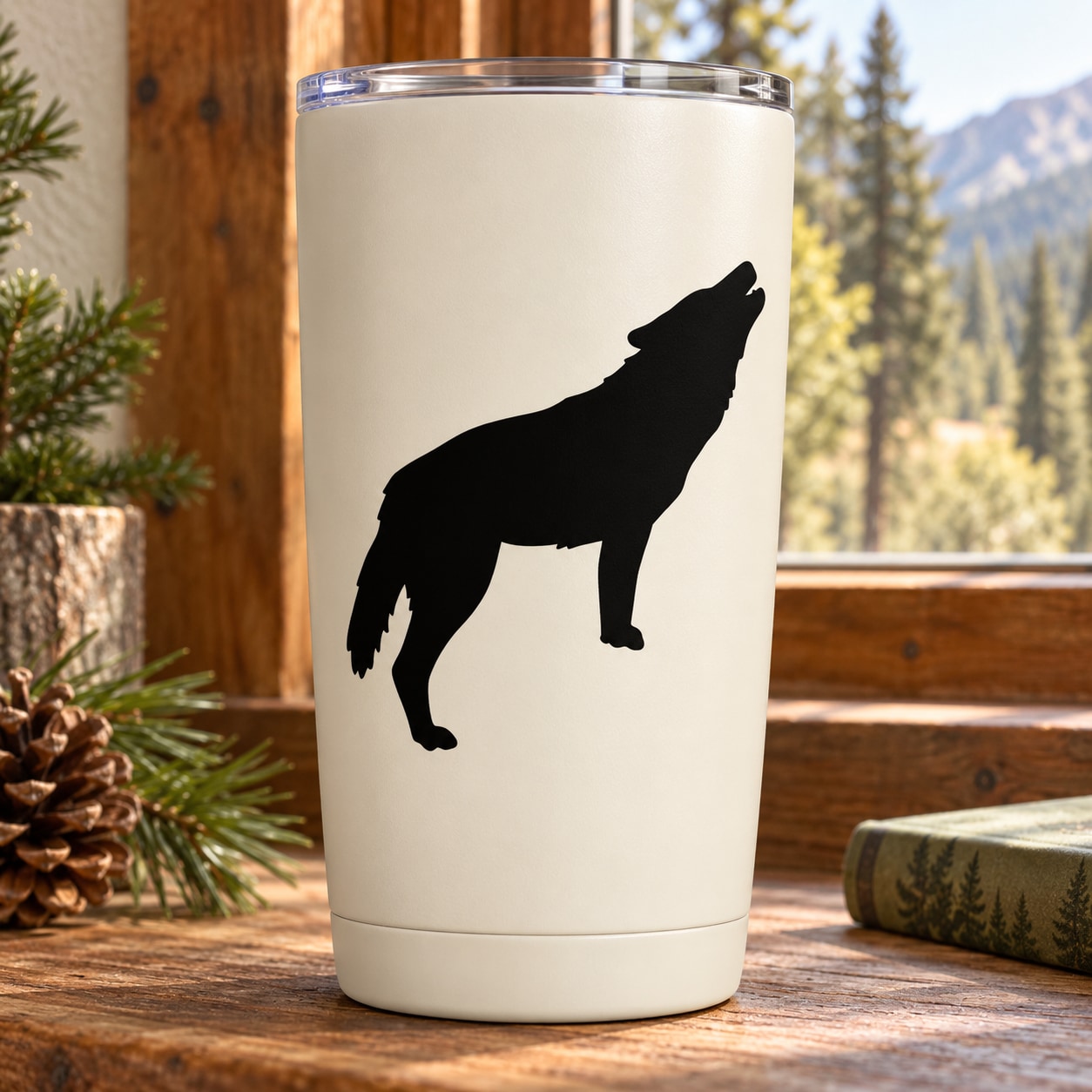 Howling wolf decal: black wolf silhouette on a white tumbler