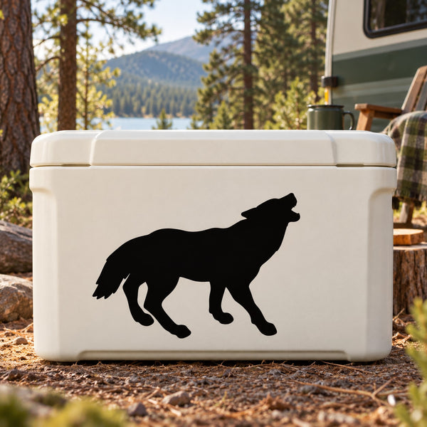 Howling wolf decal sticker with black wolf silhouette on white surface