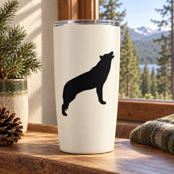 Howling wolf decal on white tumbler, black silhouette