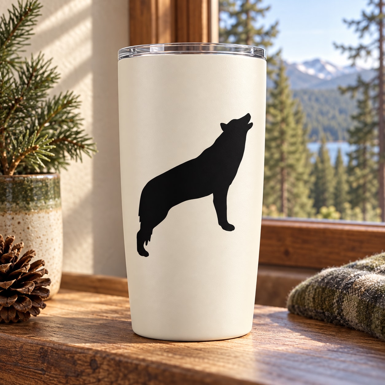 Howling wolf decal on white tumbler, black silhouette