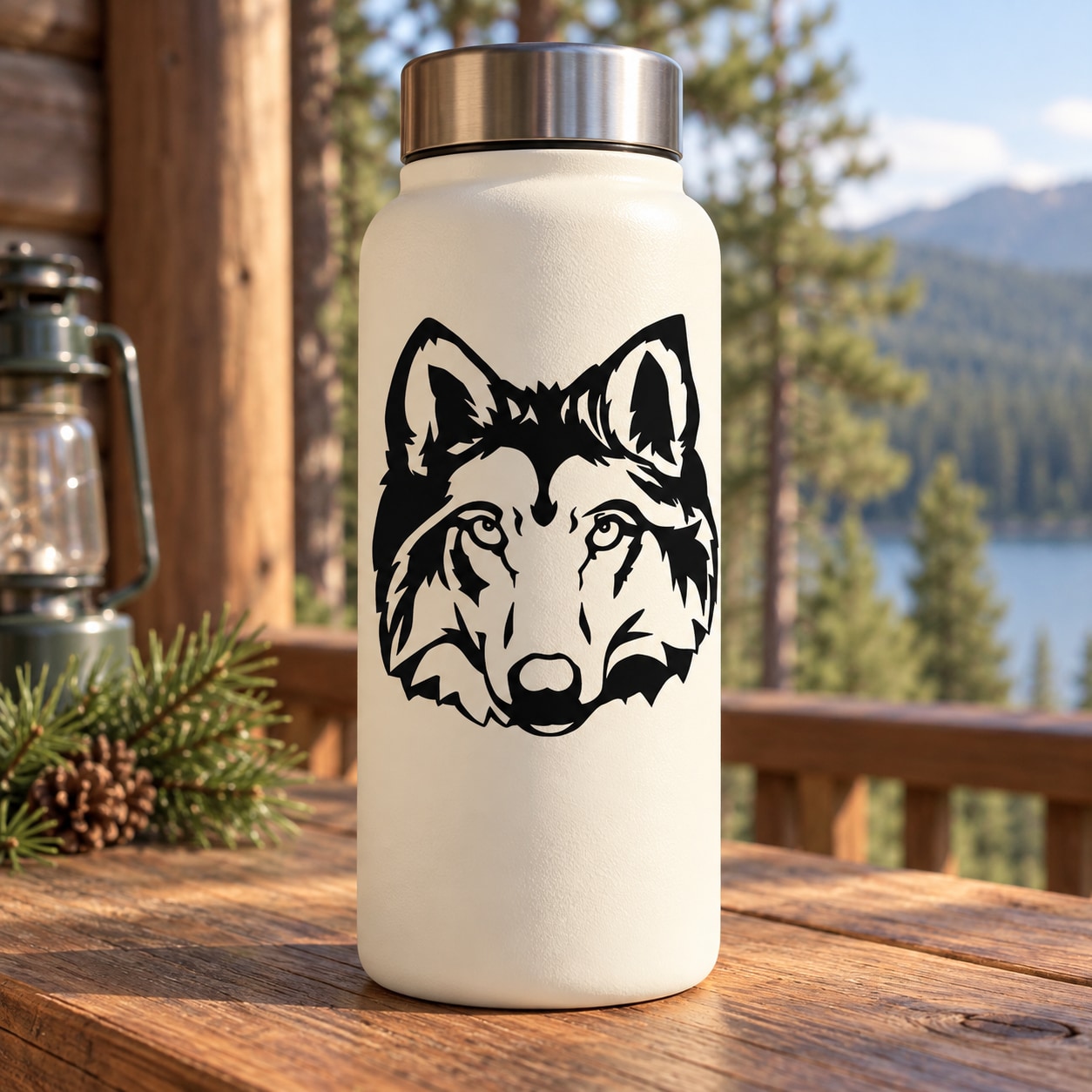 White water bottle with black wolf head decal
