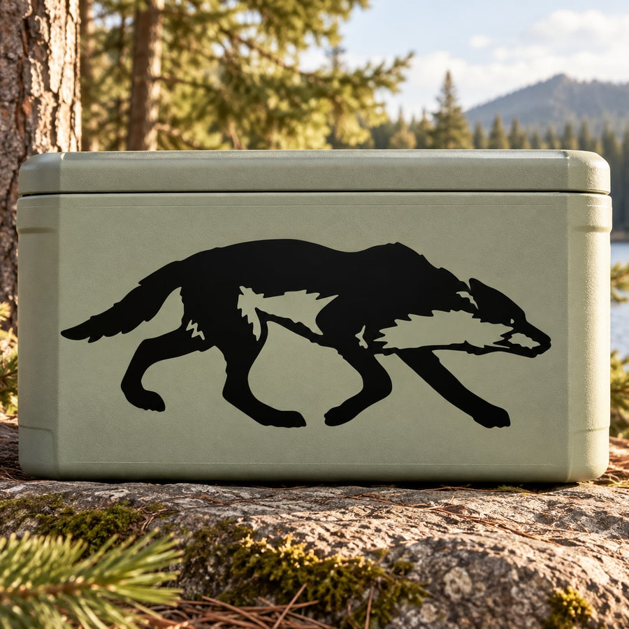Black wolf hunting silhouette decal with wing-like shapes, bold die-cut style