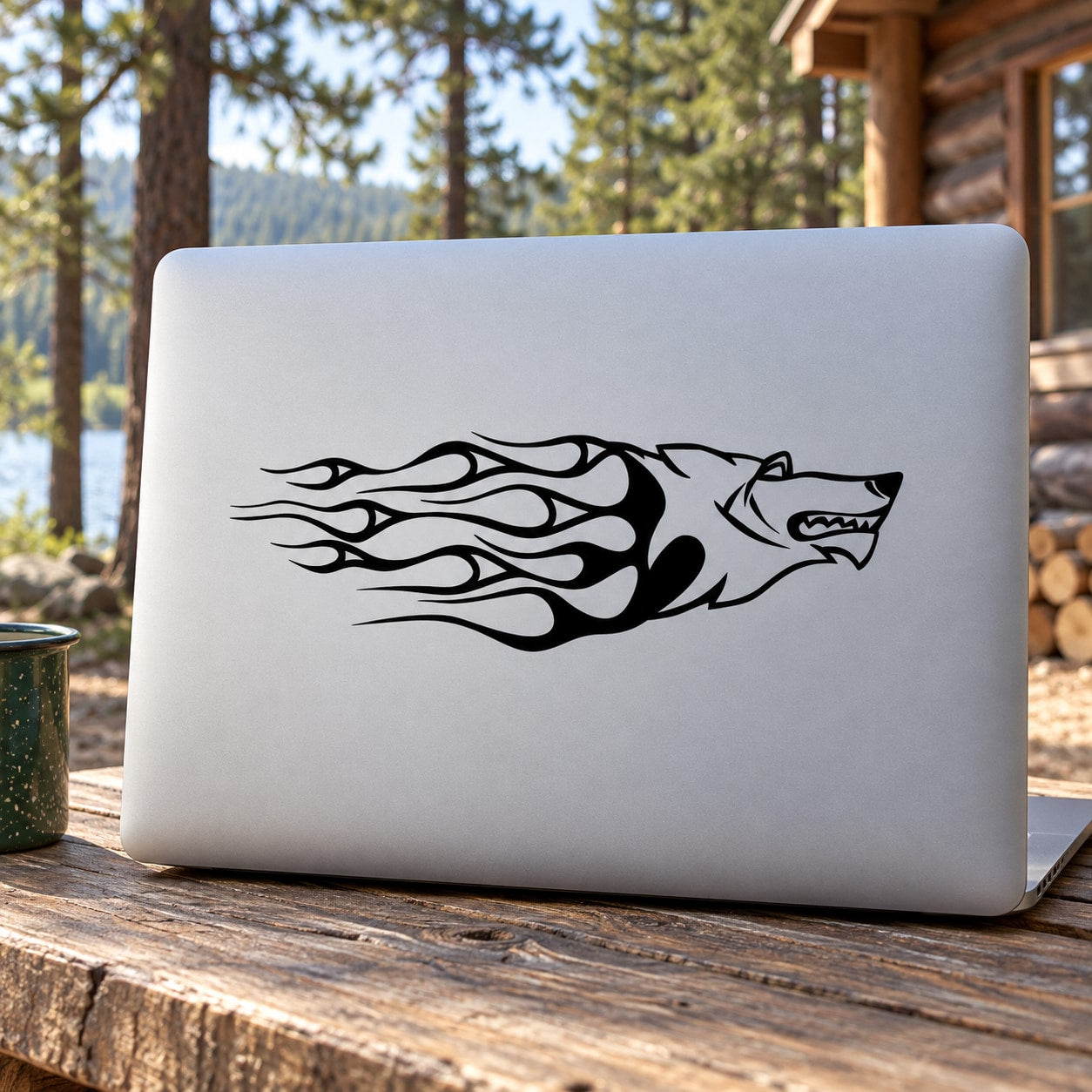 Wolf head decal with flame-style design, black on light background