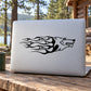 Wolf head decal with flame-style design, black on light background