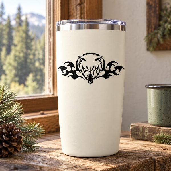 Tribal winged wolf head decal on white tumbler, black ink graphic