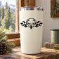 Tribal winged wolf head decal on white tumbler, black ink graphic