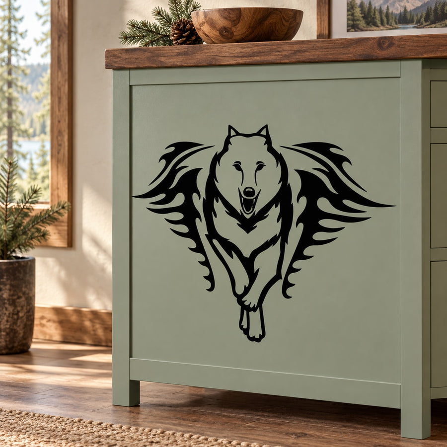 Wolf decal with flaming wings and bold black illustration