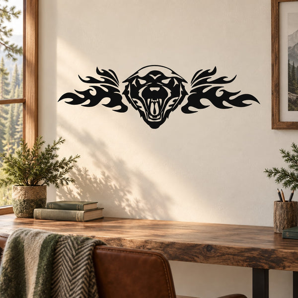 Jaguar head and flame decal in black, centered on a wall