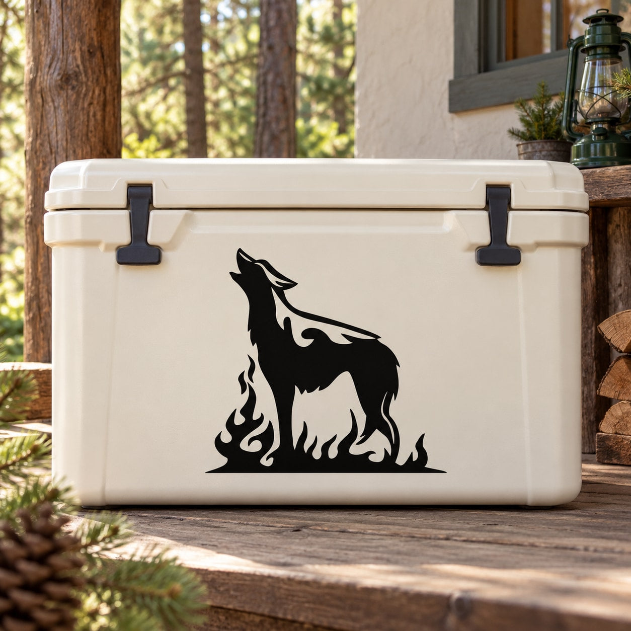 Black howling wolf decal with flame accents