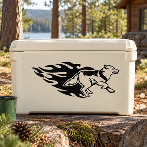 Timber wolf decal with flame-style design on a white cooler lid