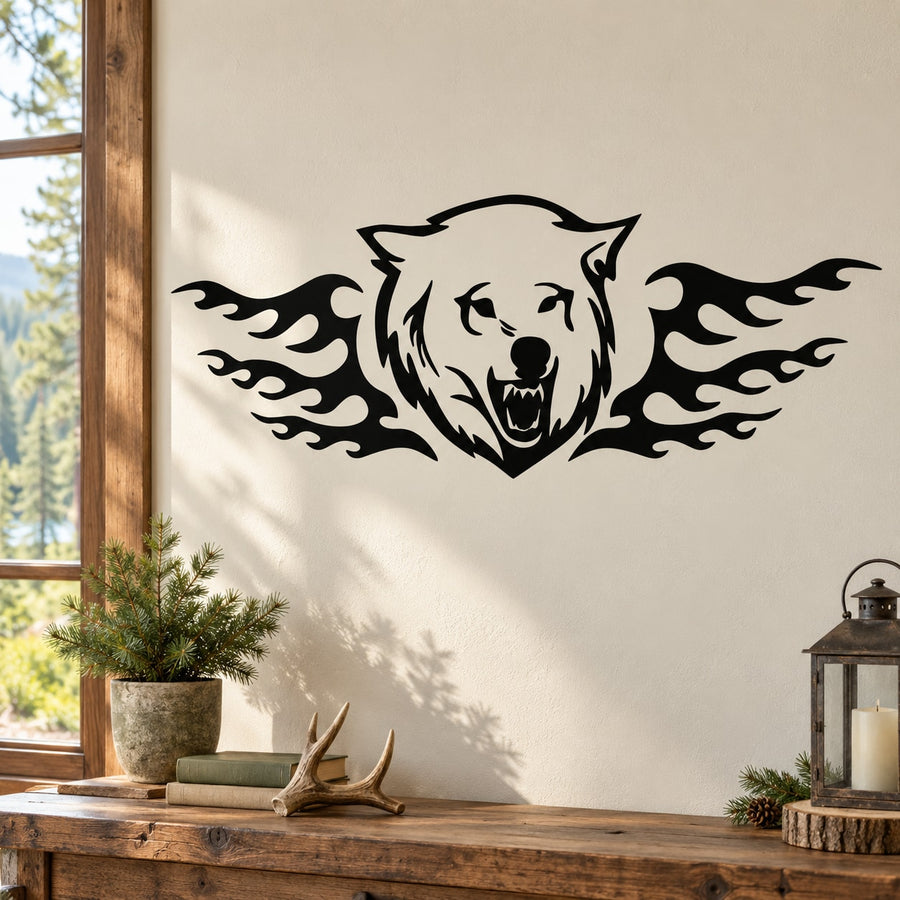 Arctic wolf decal with flames and wings graphic, black design