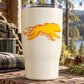 White insulated tumbler with clear lid and orange flaming wolf graphic decal