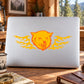 Orange wolf head sticker with flaming wings, shown on a laptop lid