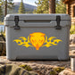 Flame orange snarling wolf head sticker with winged tribal flame design