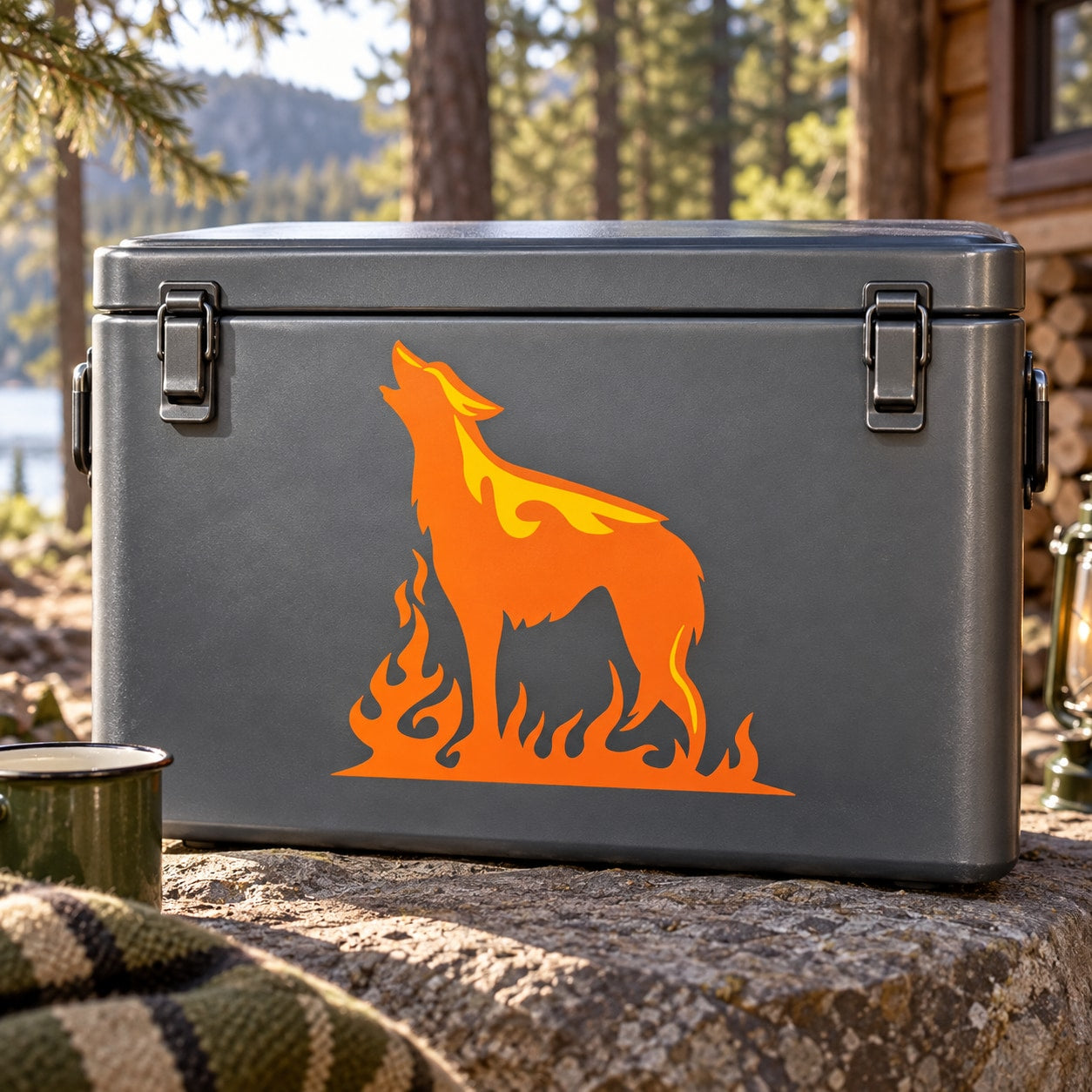 Orange wolf howling fire-ground decal on dark surface