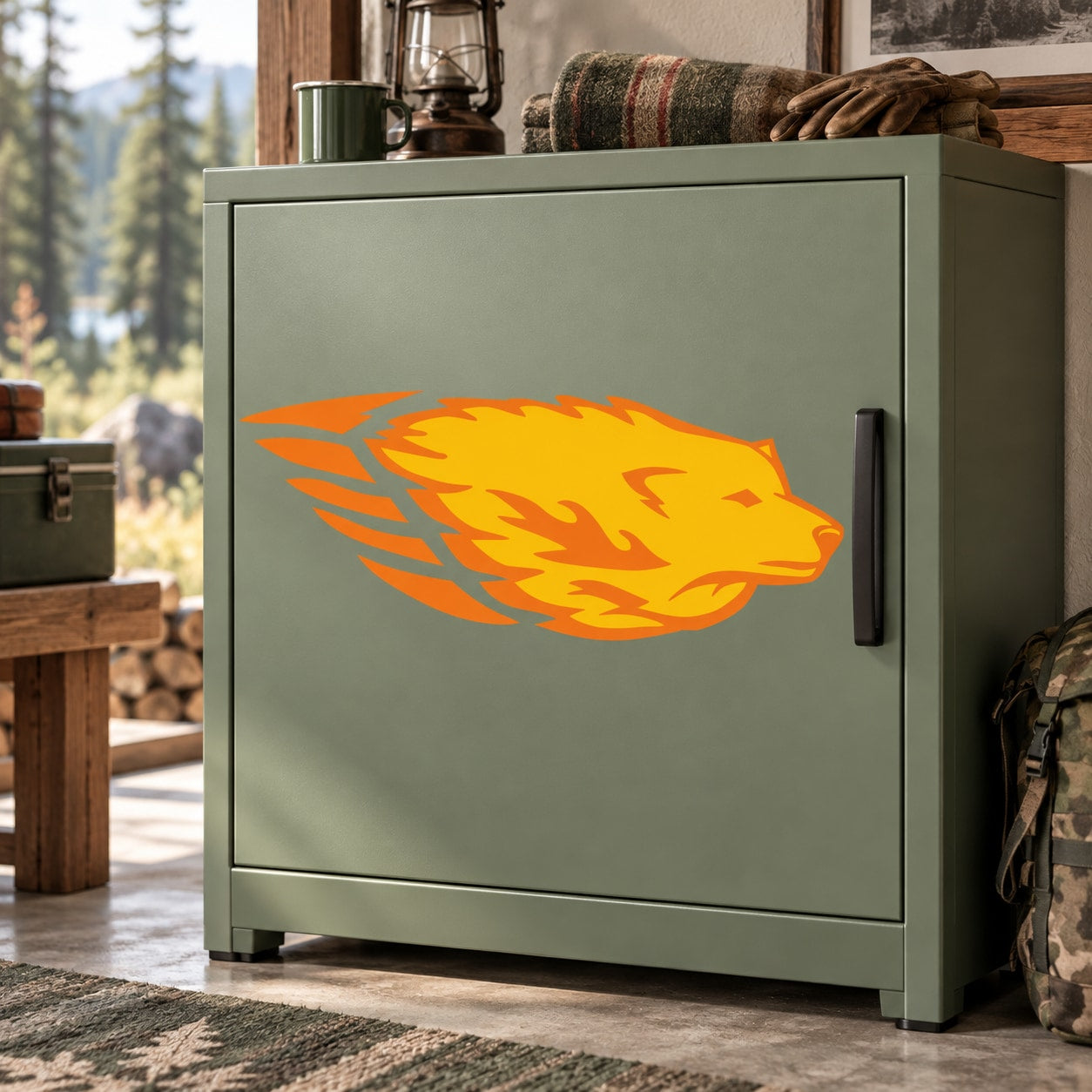 Orange wolf head sticker on a green cabinet door