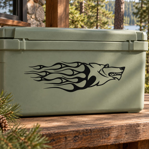 Black stylized flame trail head decal with arrow-like motif