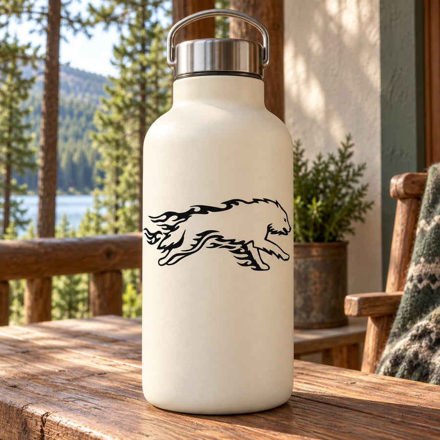 White water bottle with black running wolf decal on front