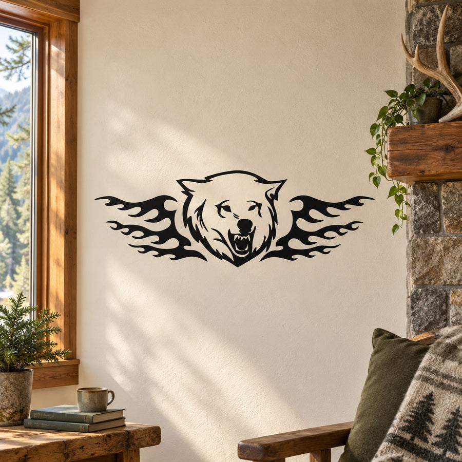 Wolf head with wing decal in black and white with flame-style wings