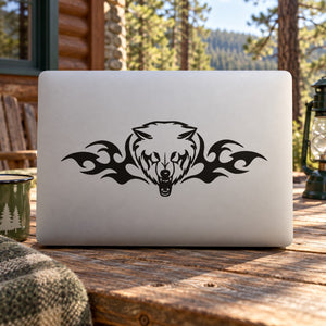 Wolf head razor-wing decal graphic on light-colored panel