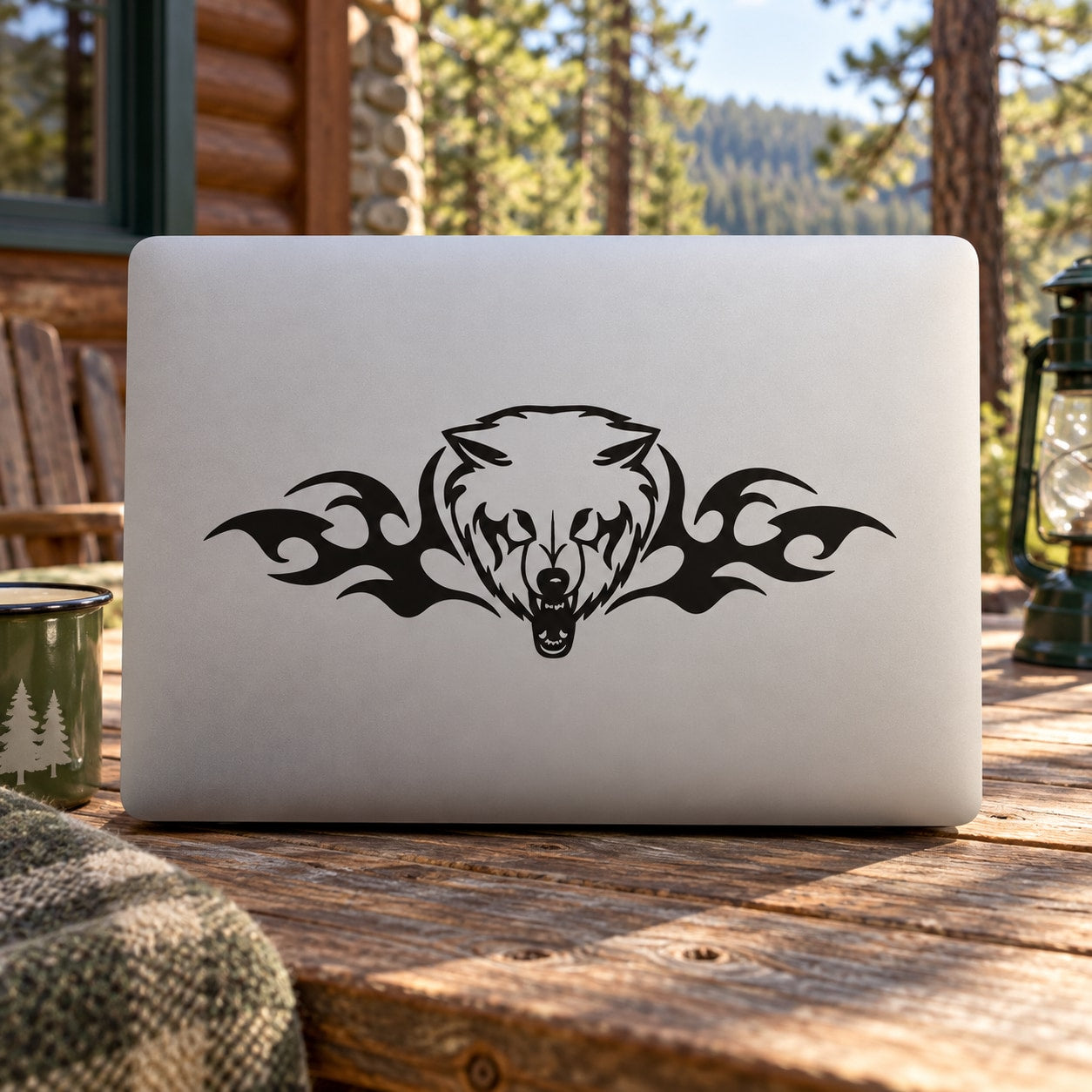 Wolf head razor-wing decal graphic on light-colored panel