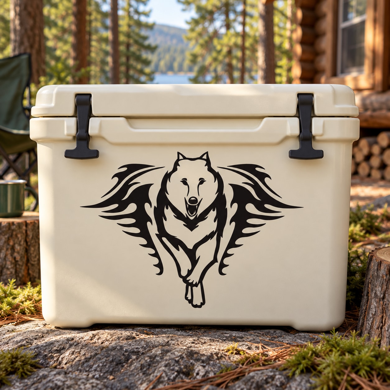 Winged wolf head decal, black and white graphic with wings on a light surface