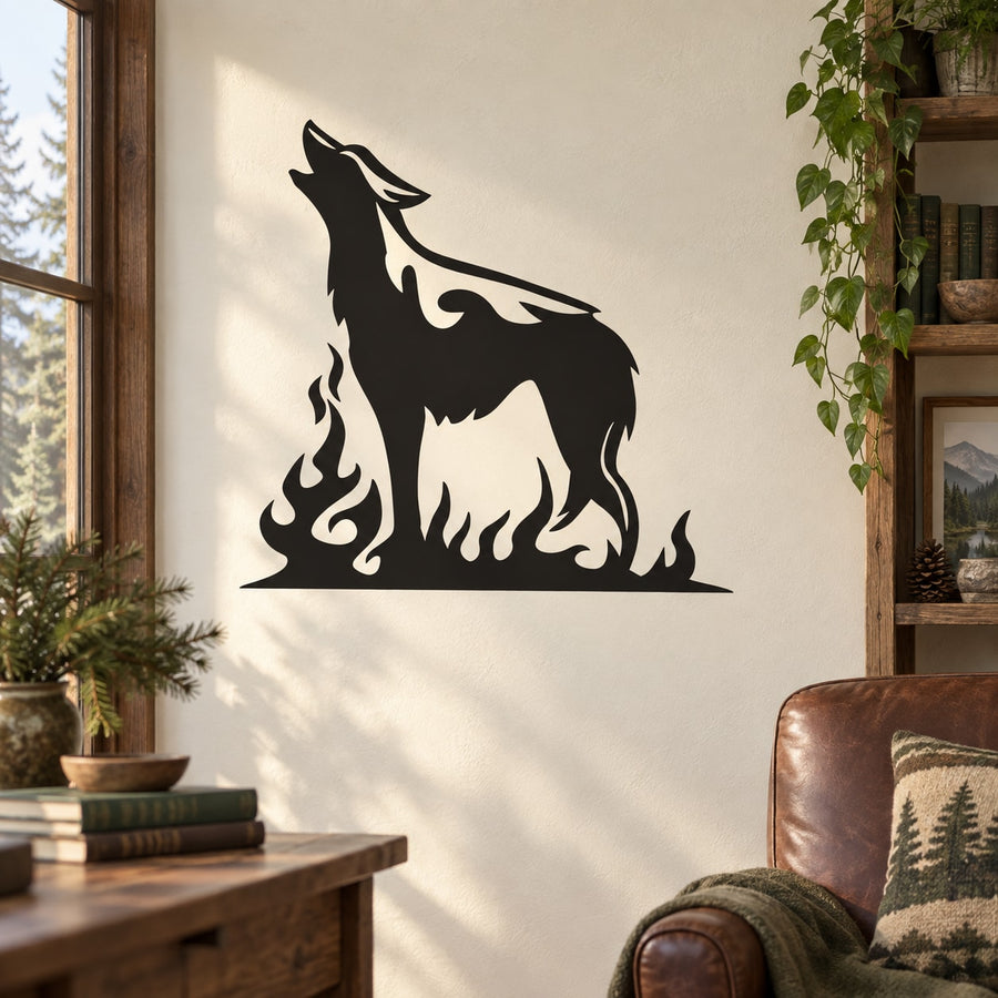 Black wolf silhouette with flame detail wall decal