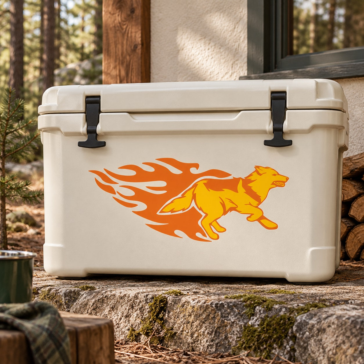 Orange flaming wolf sticker on white cooler lid panel