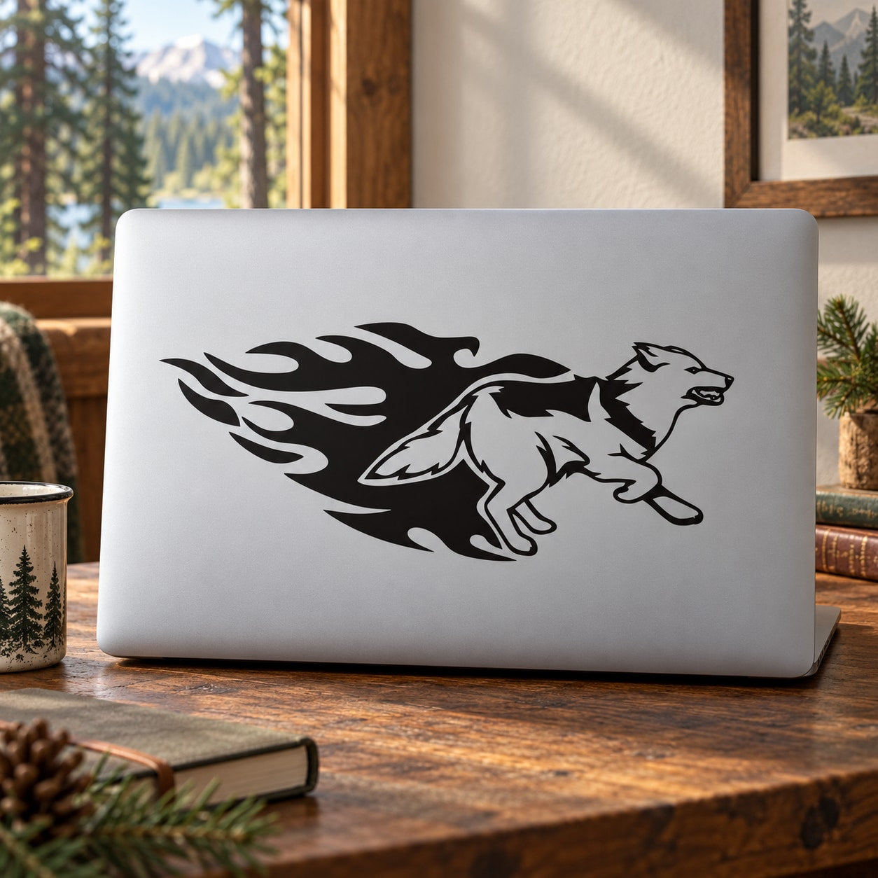 Black wolf sprinting with flame decal on laptop lid