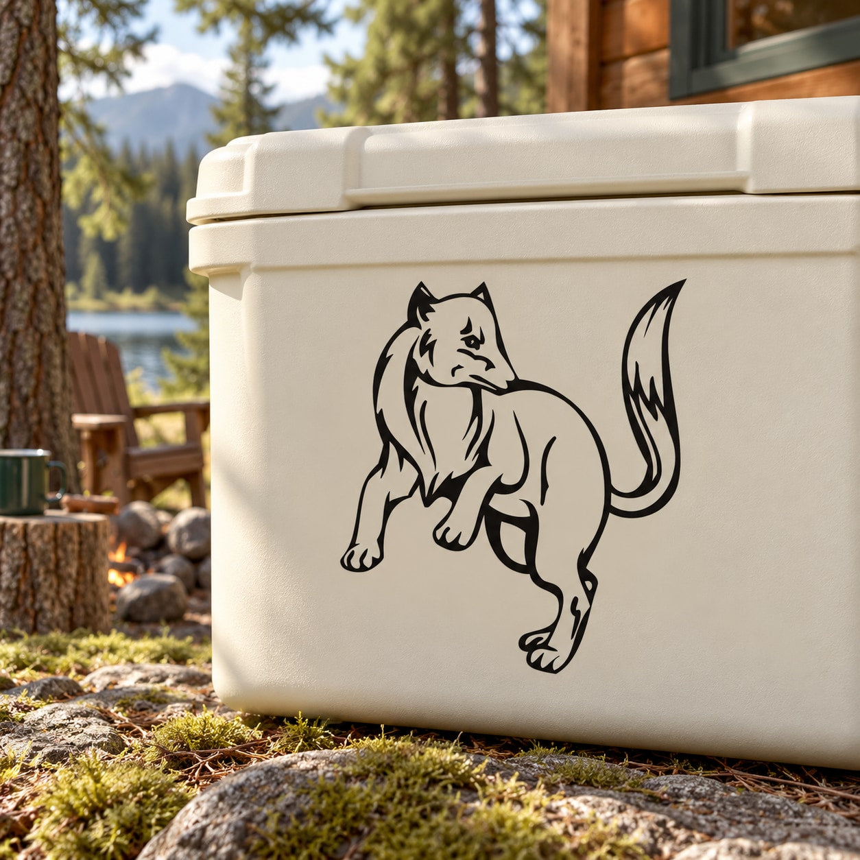 Mexican wolf decal, black outline of standing wolf on white cooler