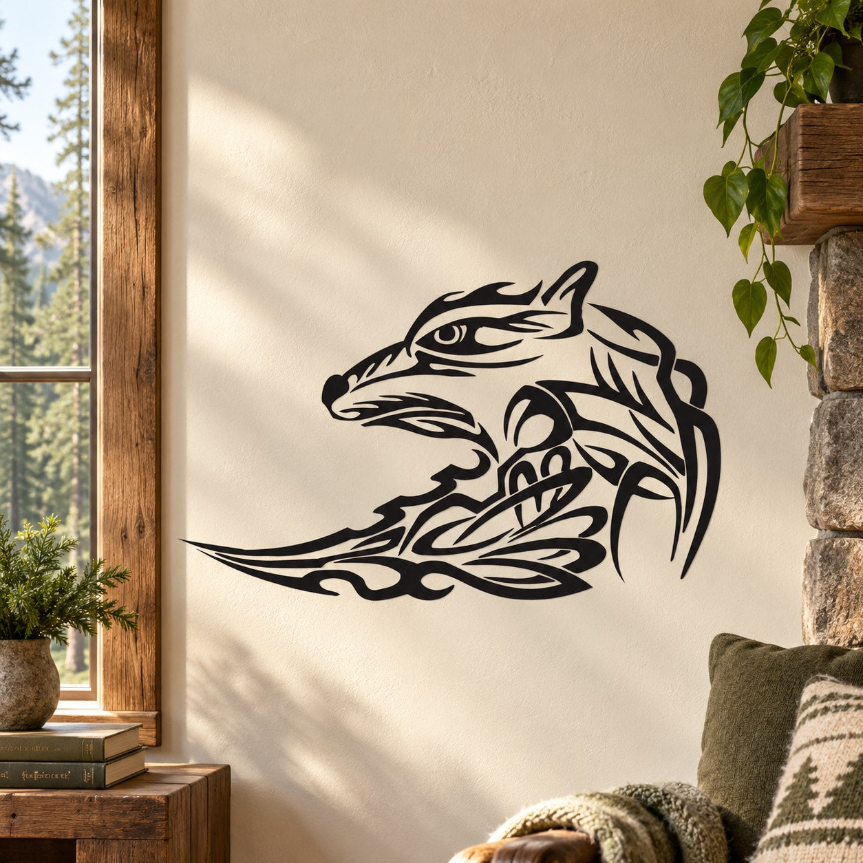 Tribal-style wolf head wall decal with bold black line art