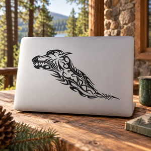 Tribal wolf decal sticker with black tribal pattern on white laptop lid