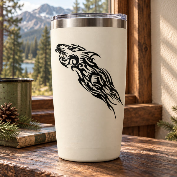 Snarling wolf head vinyl decal with tribal line art, black design