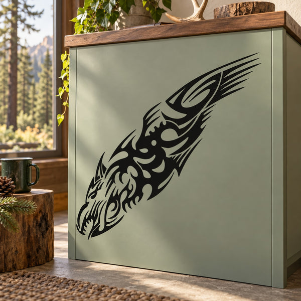Tribal wolf head decal, black tribal artwork for flat surfaces