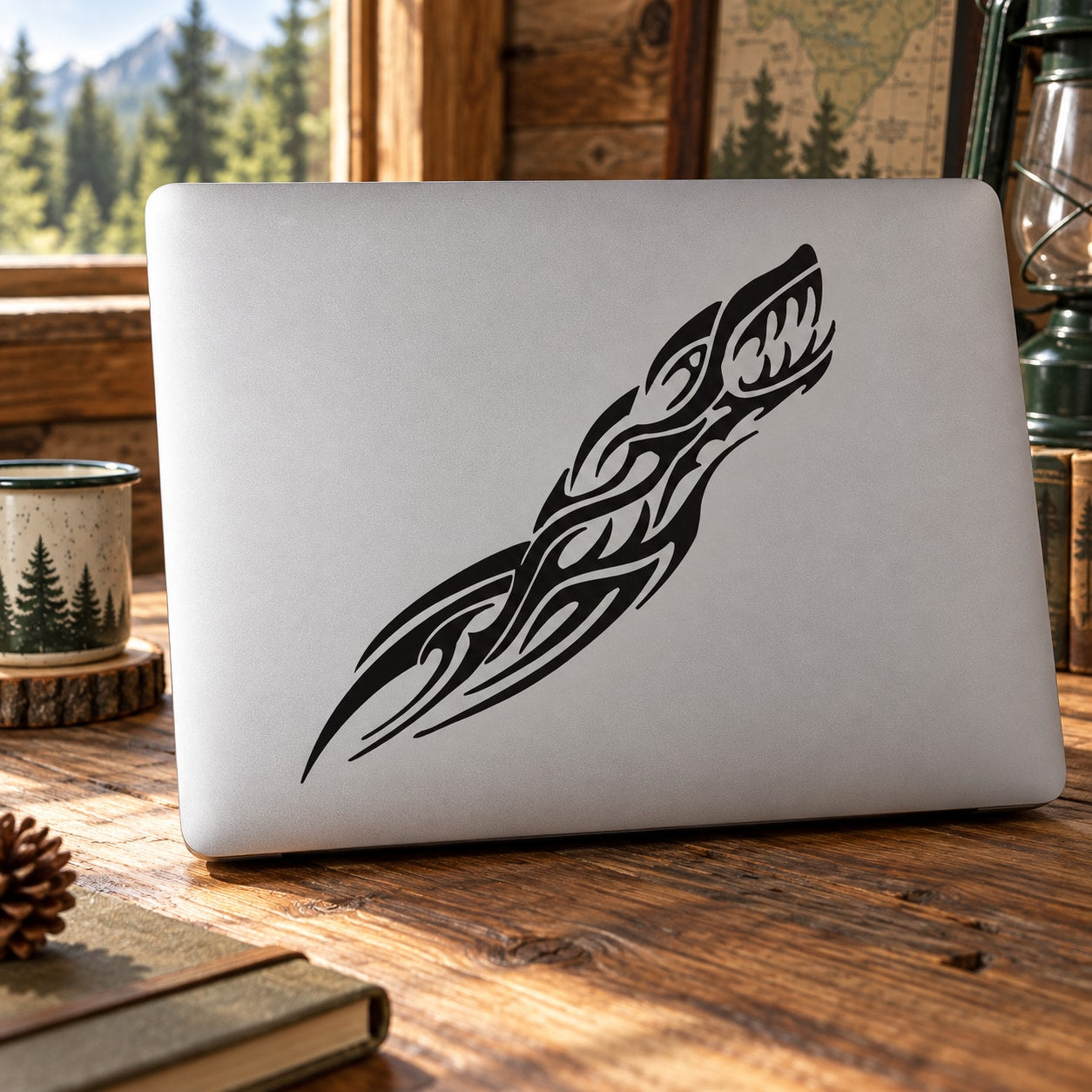 Tribal wolf head decal sticker with black tribal line design