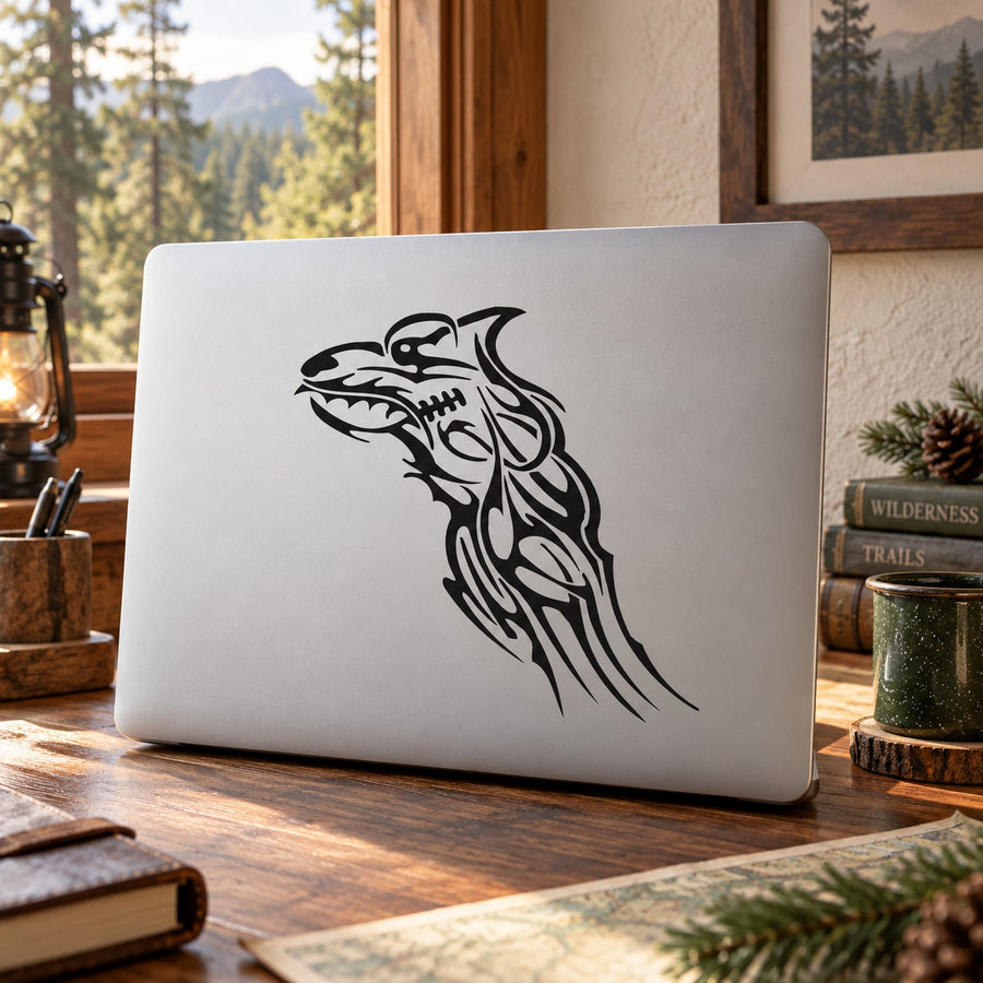 Black tribal growling wolf head decal with detailed line art