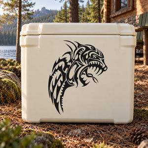 Tribal scowling wolf head decal in black on white cooler