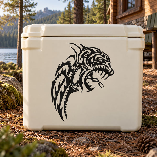 Tribal scowling wolf head decal in black on white cooler
