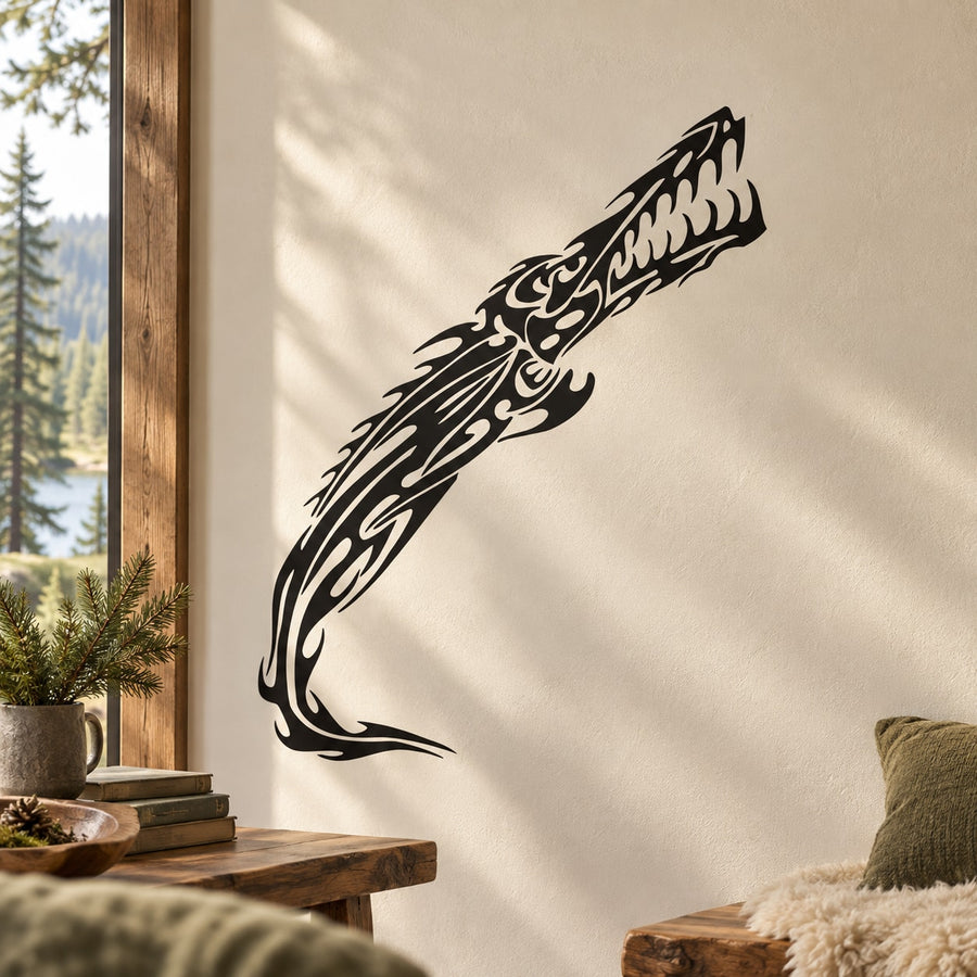 Black abstract tribal crocodile head wall decal with ornate tribal lines