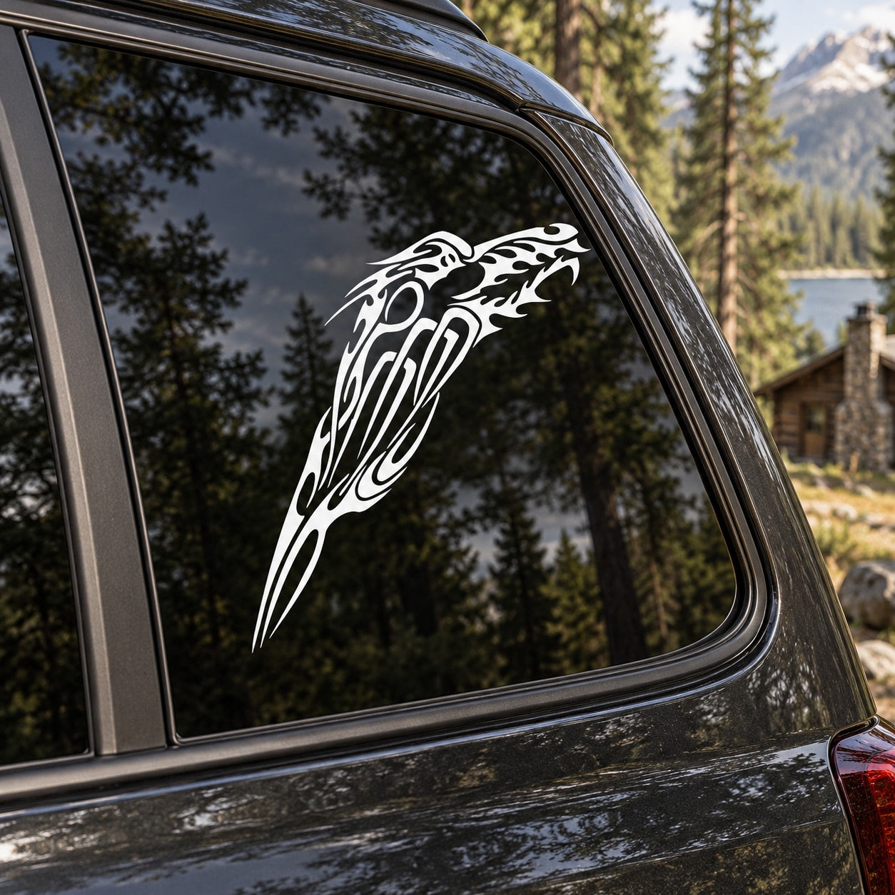 Terrifying wolf head decal, white graphic on car window