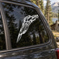 Terrifying wolf head decal, white graphic on car window