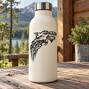 White bottle with black tribal wolf head decal