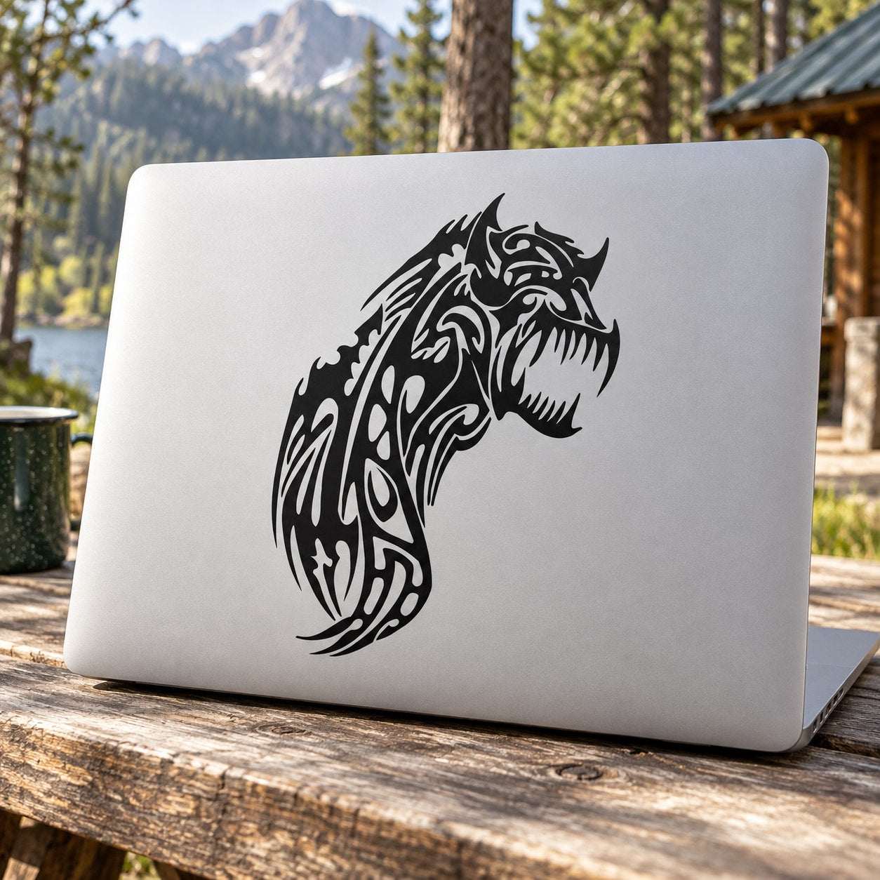 Black tribal wolf head decal sticker with detailed geometric lines