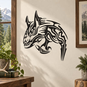 Tribal wolf head hunting decal in black, detailed linework and flame-like accents